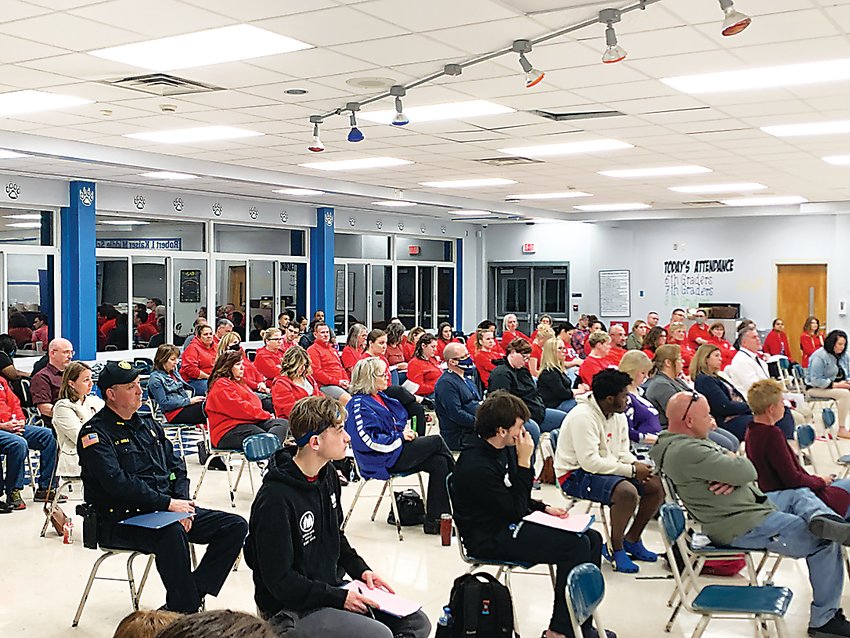 Dozens of members of the Monticello Teachers’ Association, wearing matching shirts, were in attendance at last week’s Board of Education meeting.